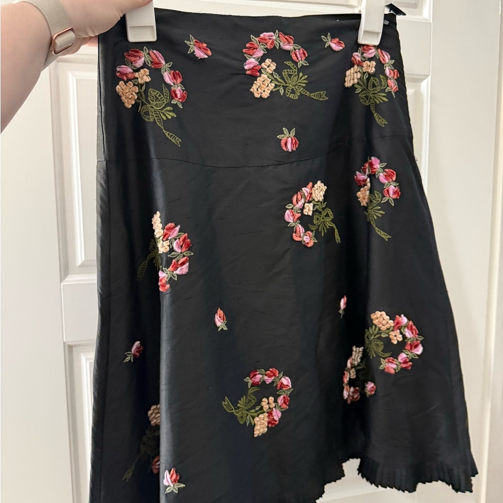Floral Anthropologie Embroidered Black Skirt